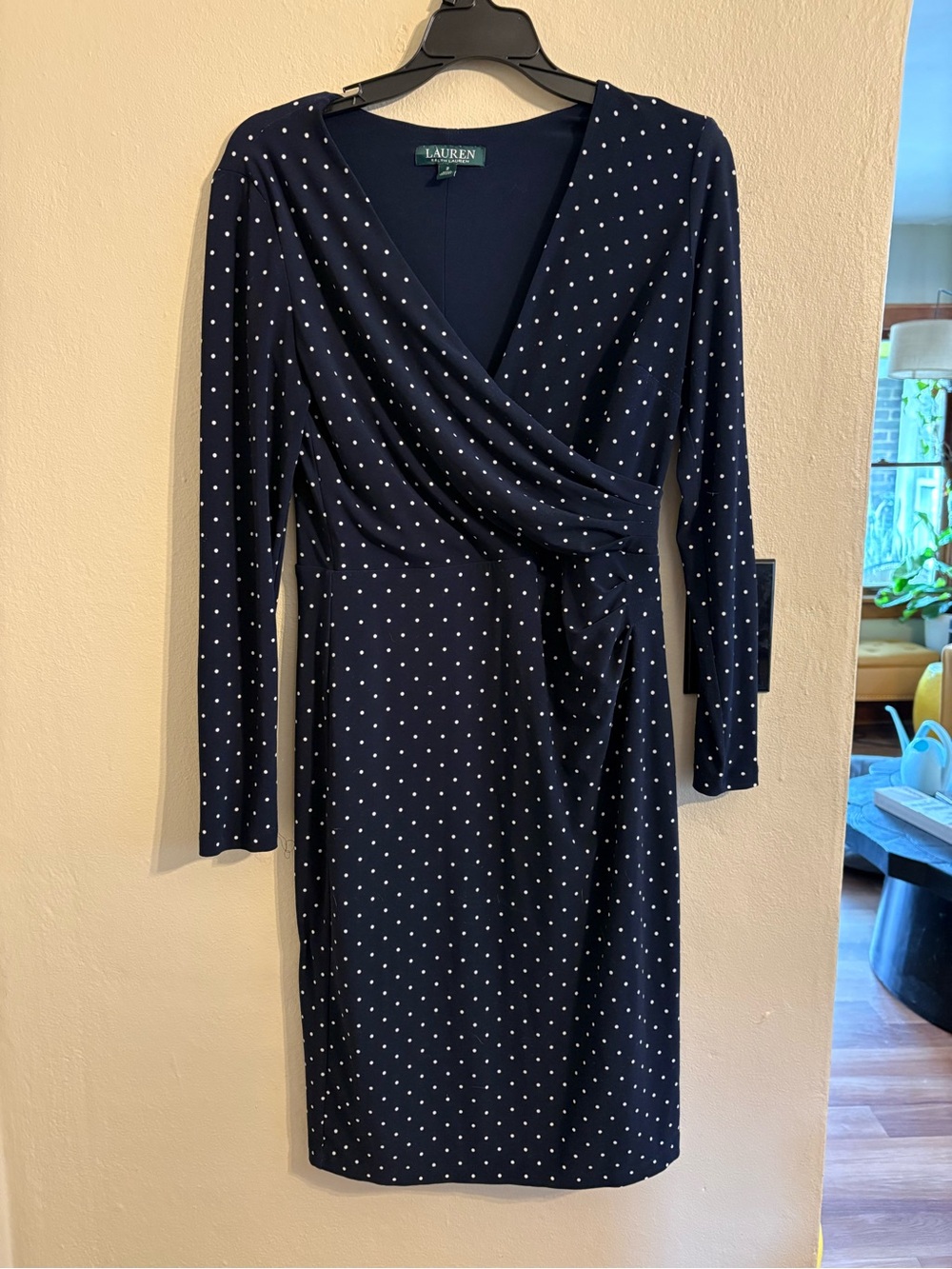 Ralph Lauren Navy Blue Polka Dot Faux-Wrap Long Sleeve Dress